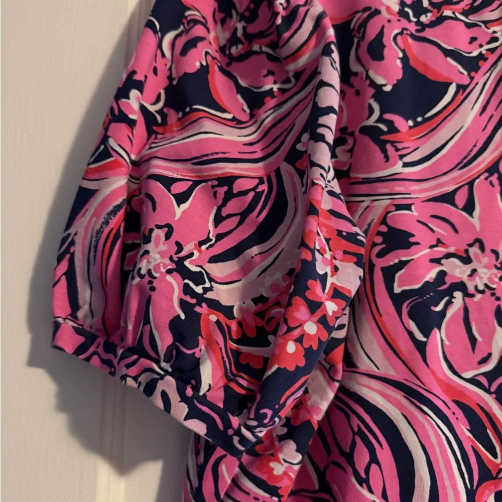 Lilly Pulitzer Rhett Top Low Tide Navy Flirty Fins and Feathers Pink XL
